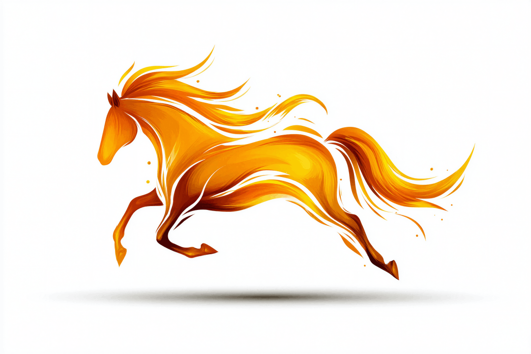 stilisiertes Bild eines  galoppierenden Pferdes in Rot- und Orangetönen